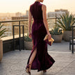 Women's Velvet Maxi Dress, V Neck Wrap Long Velvet Evening Gown