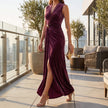 Women's Velvet Maxi Dress, V Neck Wrap Long Velvet Evening Gown