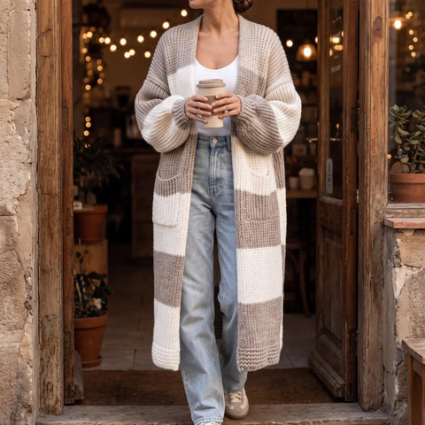 Light khaki chunky checkered knit cardigan for women with pockets