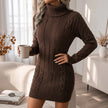 Women's Cable Knit Sweater Dress, Turtleneck Mini Sweater Dress