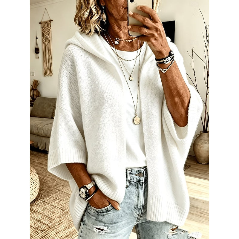 Cardigan sweater for women, hooded open front knit in White