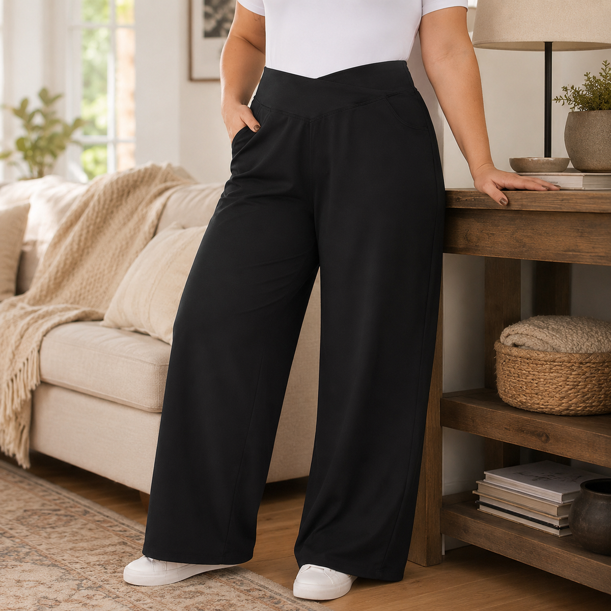 Plus Size Wide Leg Pants for Women, Pull On High Waist Trousers
