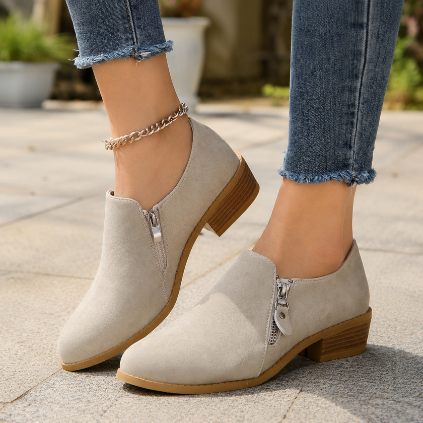 Women's Suede Ankle Boots, Side Zip Cushioned Booties, Low Heel