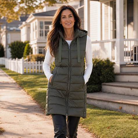 Ladies puffer vest, styled outfit