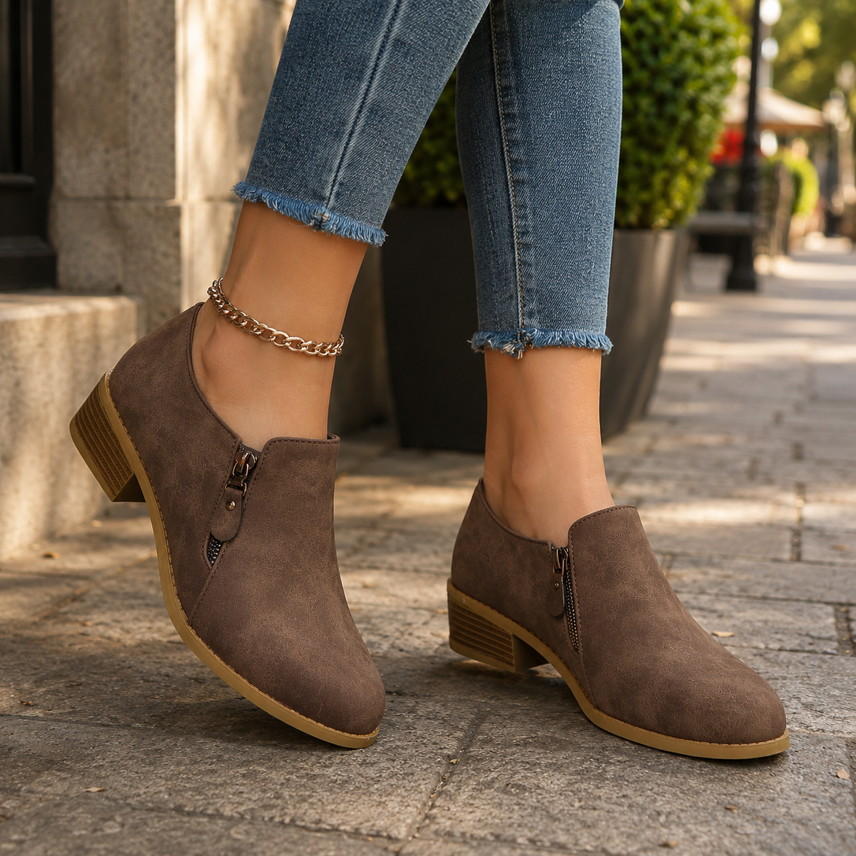 Women's Suede Ankle Boots, Side Zip Cushioned Booties, Low Heel