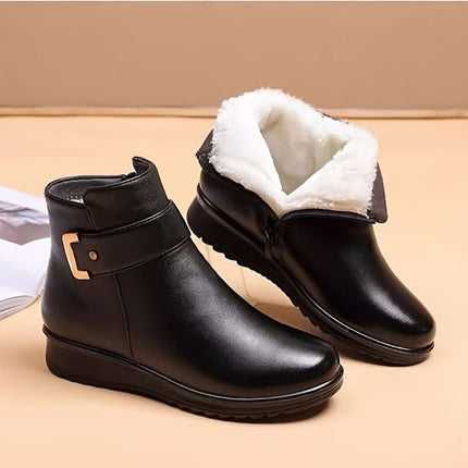 fleece lined ankle boots for women, black buckle winter booties