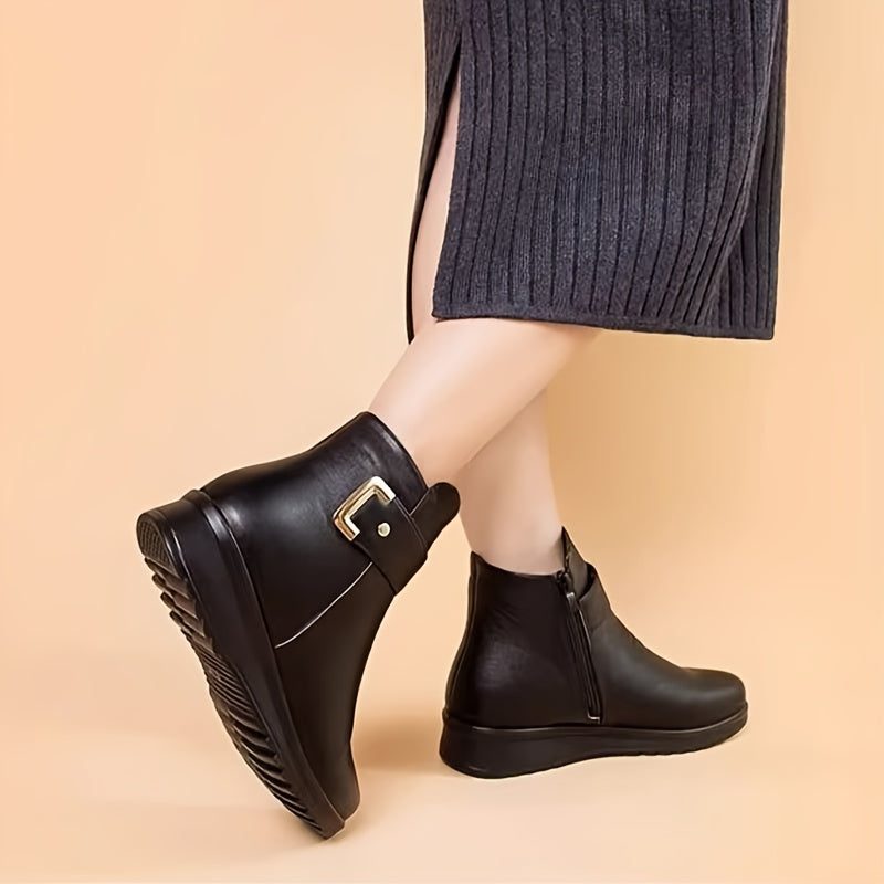 fleece lined ankle boots for women, black buckle winter booties