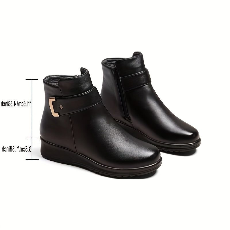 fleece lined ankle boots for women, black buckle winter booties