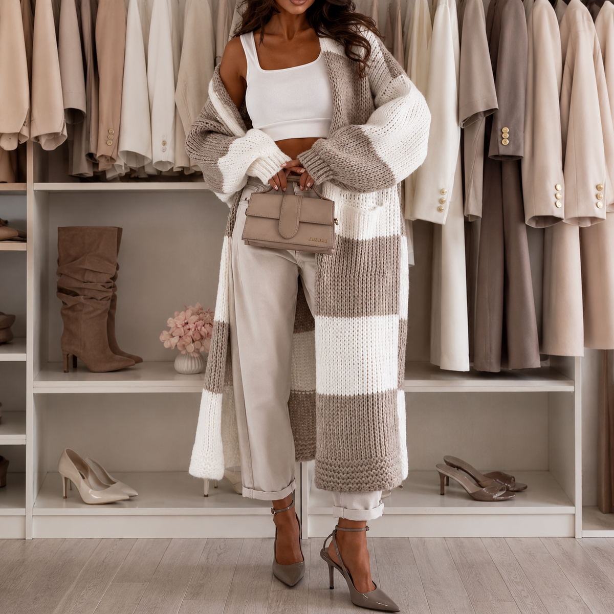 Oversized Cardigan for Women, Chunky Checkered Knit with Pockets