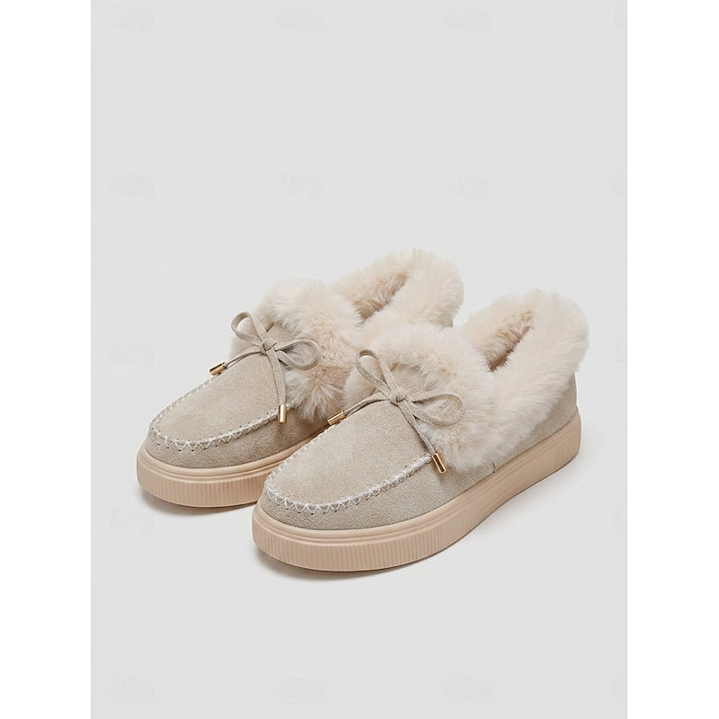 Moccasin slippers for women, fur lined moccasins with bow in Khaki