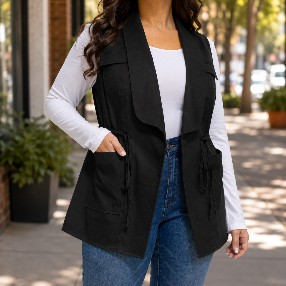 Plus Size Utility Vest for Women, Cargo Vest with Waist Tie, 10-30