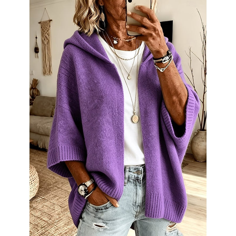 Cardigan sweater for women, hooded open front knit in Purple