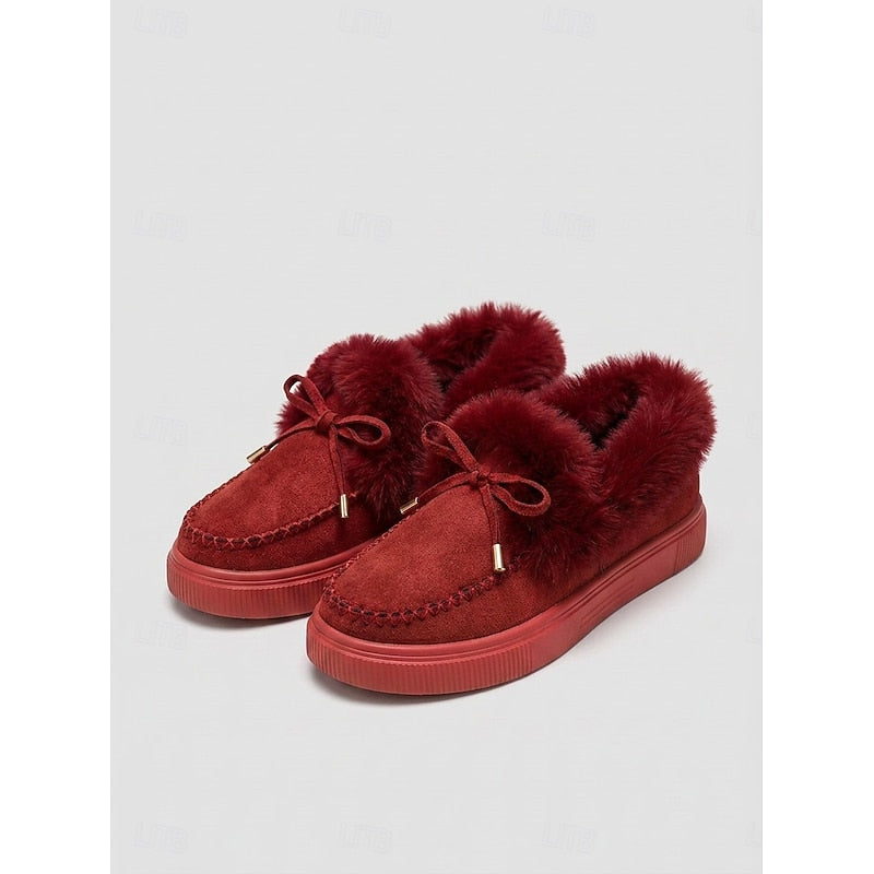 Moccasin slippers for women, fur lined moccasins with bow in Claret