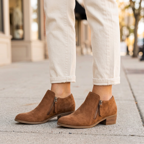 Women's suede ankle boots with side zip and low heel on a city sidewalk