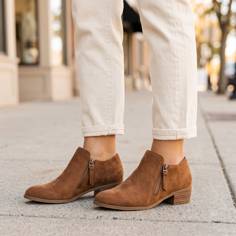 Women's suede ankle boots with side zip and low heel on a city sidewalk