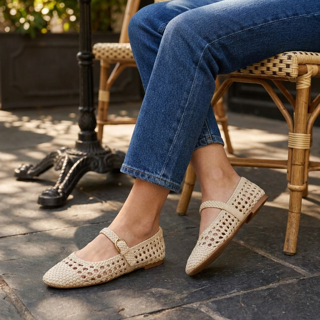 Women's Mary Jane flats in wheat woven leather on a cafe terrace