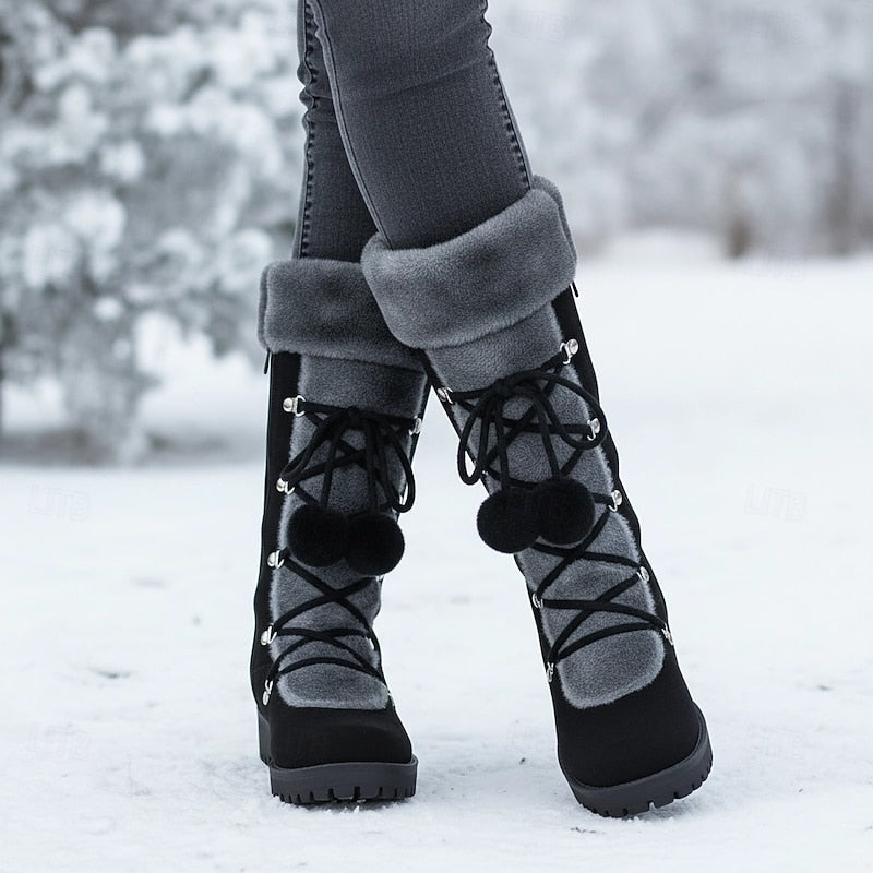 Winter snow boots for women, lace up fur cuff mid calf boots, view 4