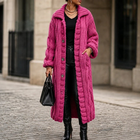 Long cardigan sweater in Rose Red