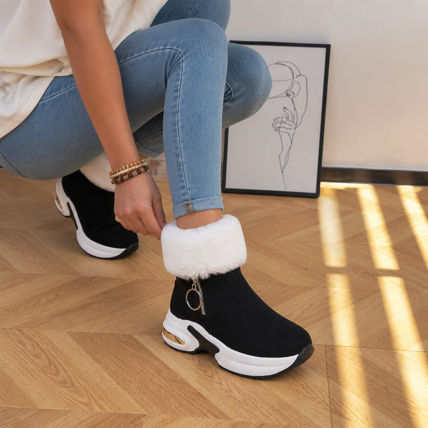 fur lined winter ankle boots for women, wedge snow booties