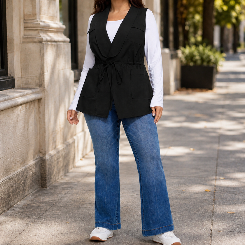 Plus Size Utility Vest for Women, Cargo Vest with Waist Tie, 10-30