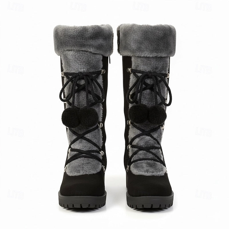 Winter snow boots for women, lace up fur cuff mid calf boots, view 6