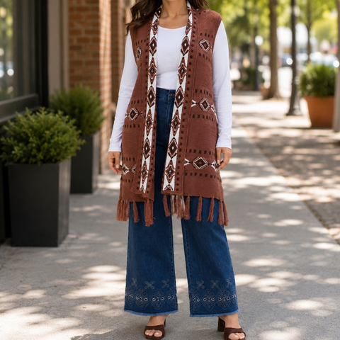 Plus size long open front fringe sweater vest for women in brown