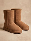 sherpa lined winter boots for women, faux suede mid calf