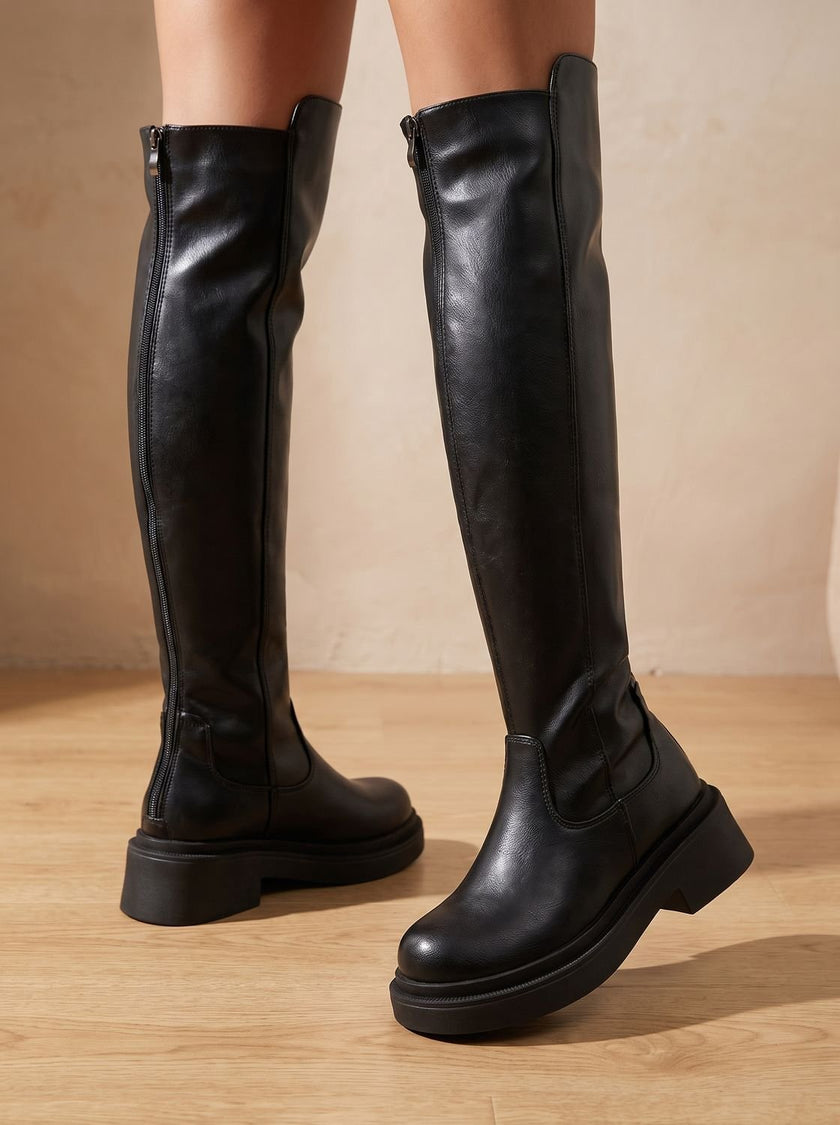 Women's Over the Knee Boots, Flat Stretch Thigh High Boots, Side Zip