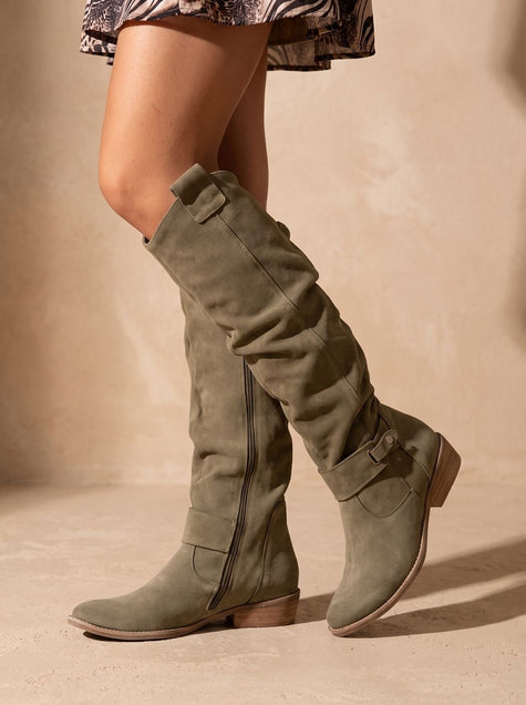 Slouchy tall boots for women in green