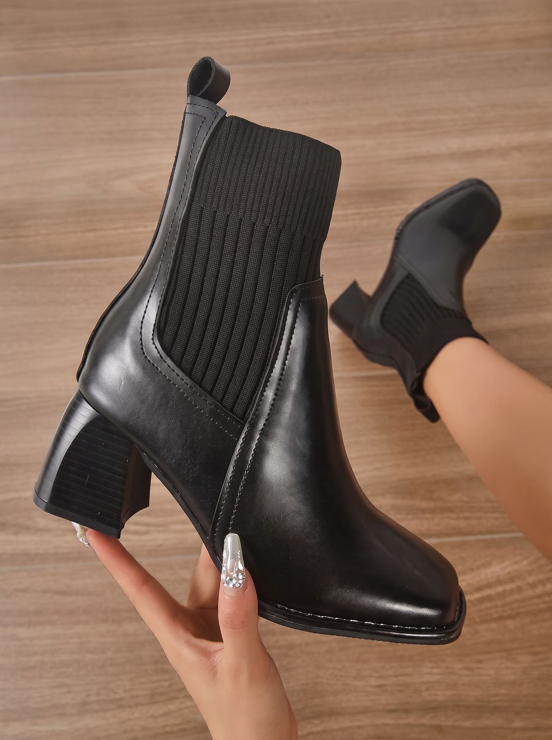 Women's Sock Boots, Knit Sock Booties with Pointed Toe Block Heel