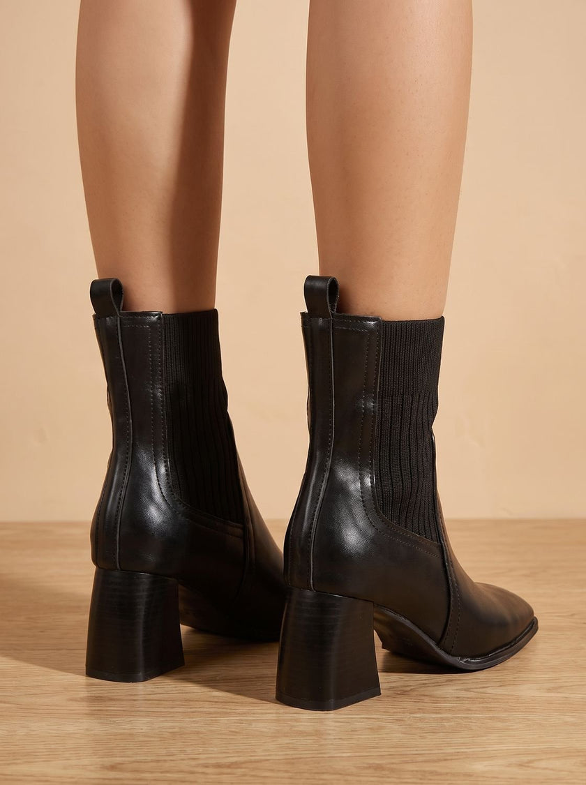 Women's Sock Boots, Knit Sock Booties with Pointed Toe Block Heel