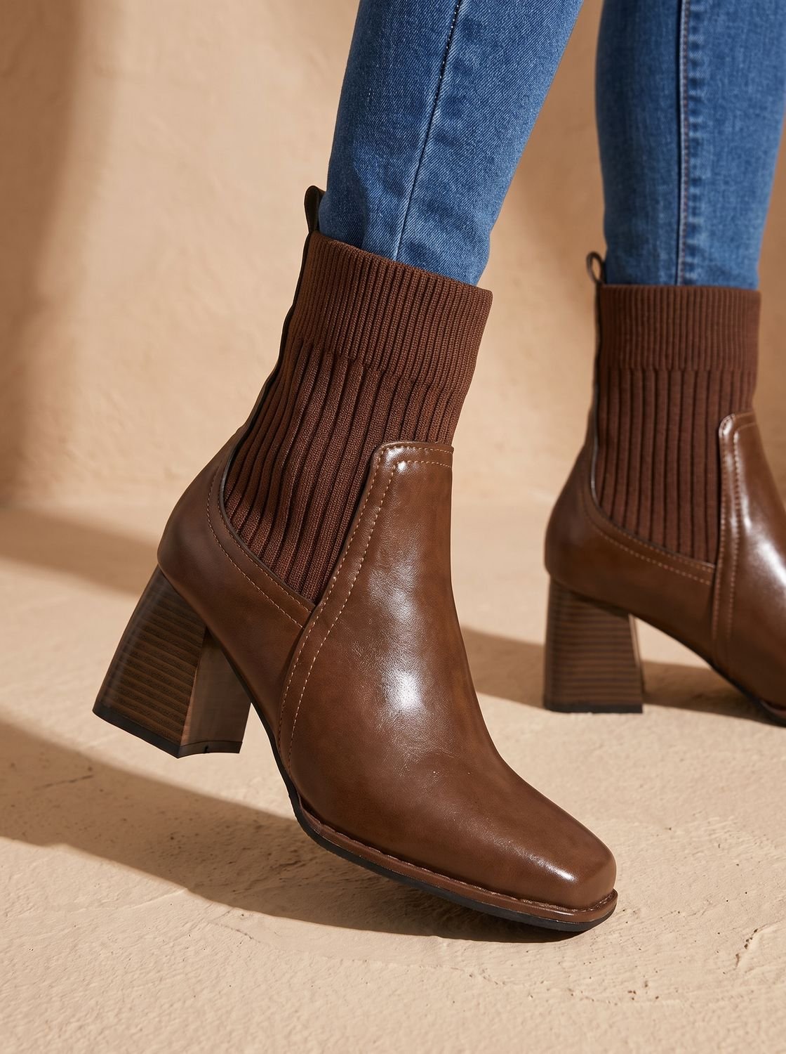 Women's Sock Boots, Knit Sock Booties with Pointed Toe Block Heel