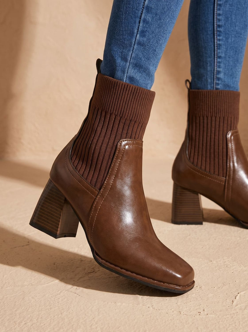 Women's Sock Boots, Knit Sock Booties with Pointed Toe Block Heel