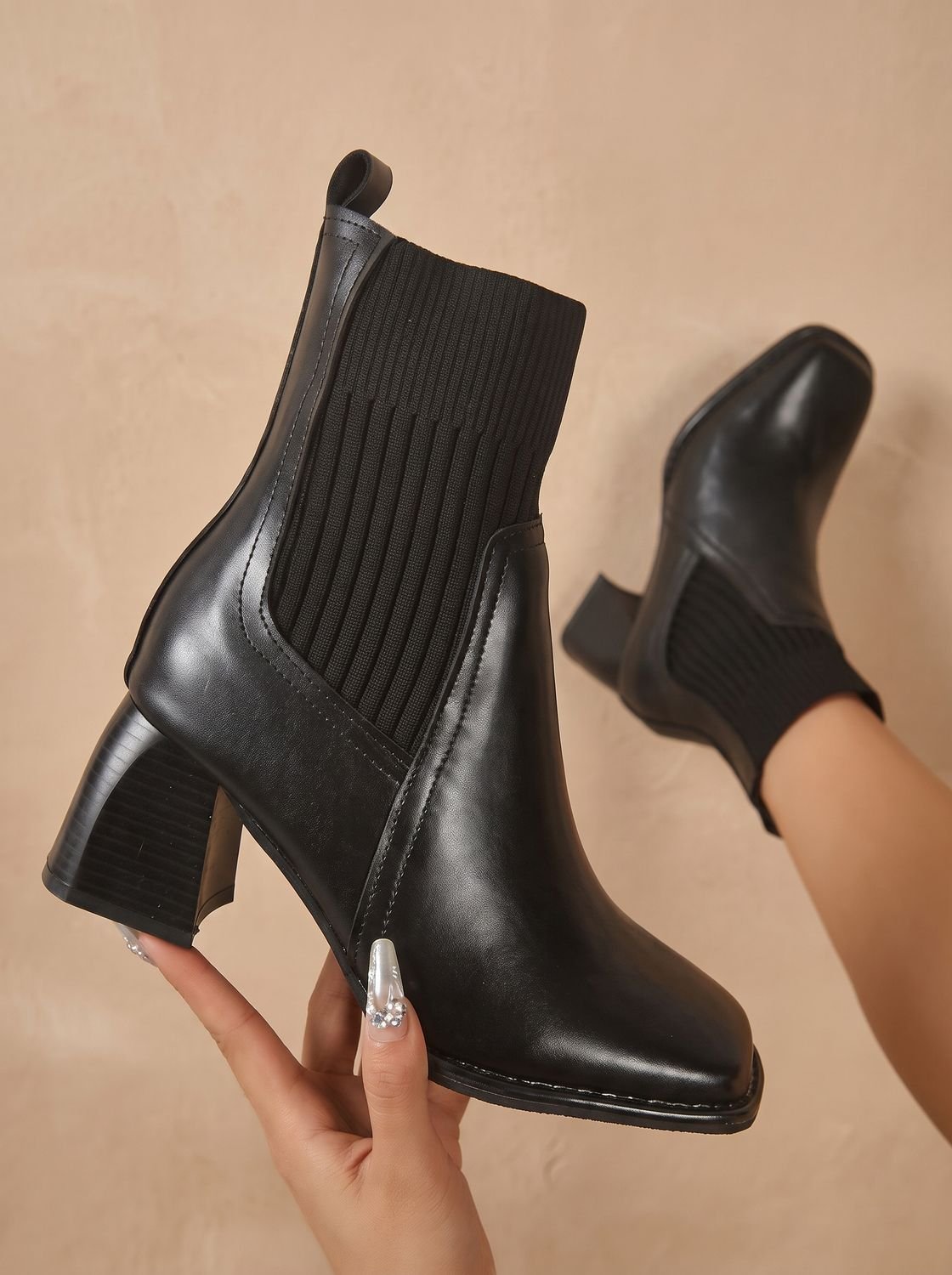 Women's Sock Boots, Knit Sock Booties with Pointed Toe Block Heel