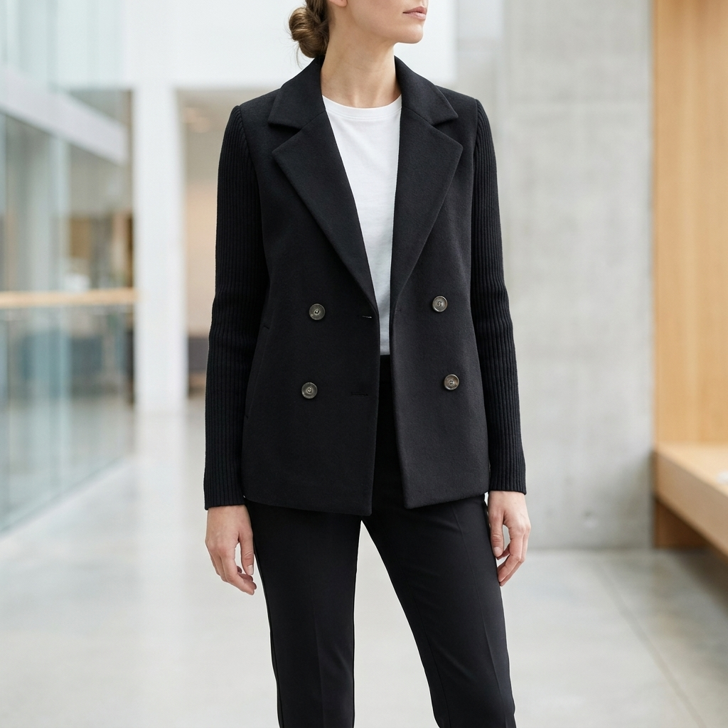 Black double breasted work blazer for women worn with tailored trousers in an office lobby