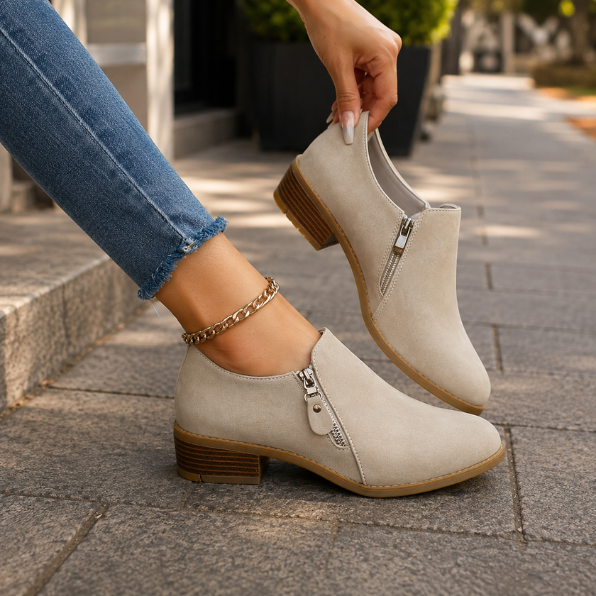 Women's Suede Ankle Boots, Side Zip Cushioned Booties, Low Heel