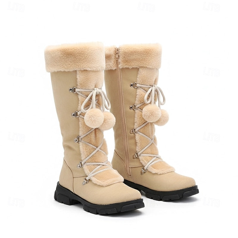 Winter snow boots for women, lace up fur cuff mid calf boots in Beige