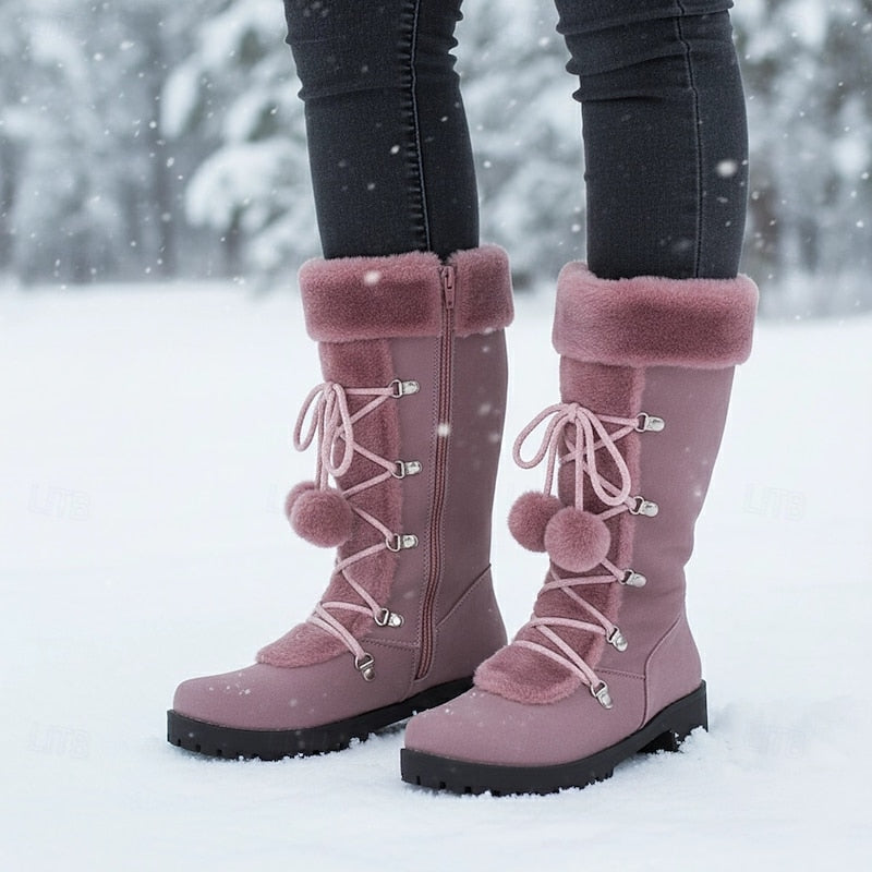 Winter snow boots for women, lace up fur cuff mid calf boots in Purple